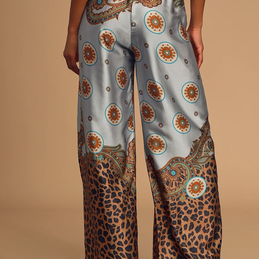 Island Getaway Blue Multi Scarf Print Satin Wide-Leg Pants - Picture 3 of 7